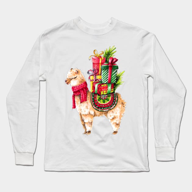 Christmas Llama Long Sleeve T-Shirt by artisjourney